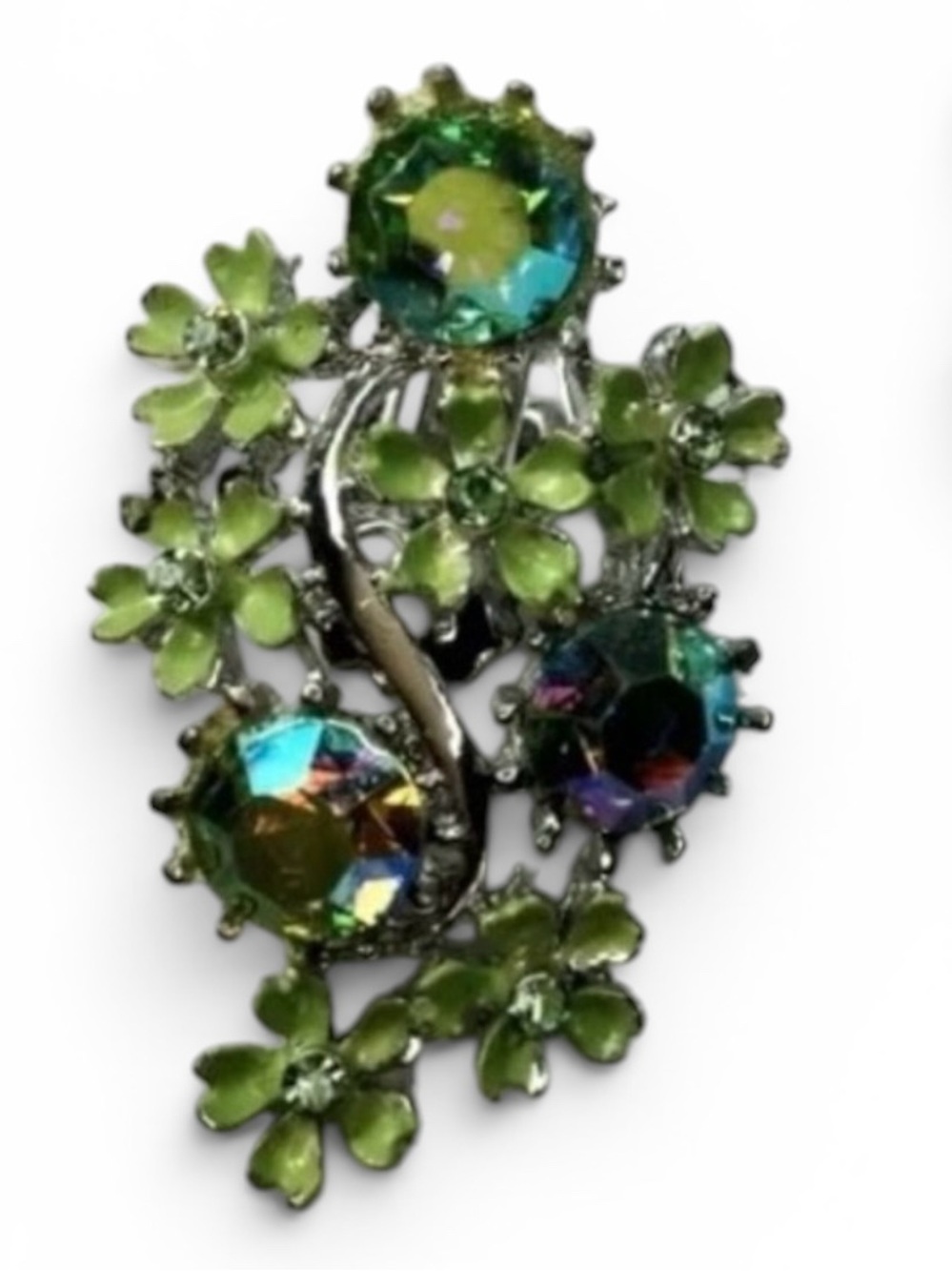 Vtg 1960s Silver‑Tone Paisley Clip‑On Earrings – AB Rhinestones & Enamel Flowers - Picture 5 of 12